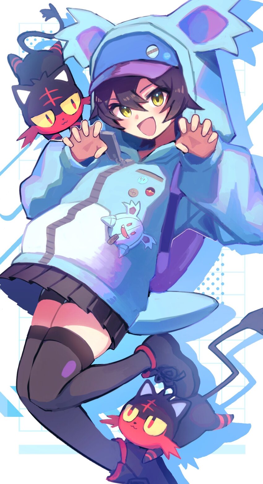 1girl animal_hood black_hair black_shoes black_skirt black_thighhighs breast_pocket gen_7_pokemon hair_between_eyes highres hood hooded_jacket jacket litten long_sleeves looking_at_viewer medium_hair midair mitorizu_02 nidothing nintendo nyabiko_(pokemon) open_mouth paw_pose pleated_skirt pocket pokemon pokemon_(anime) pokemon_(creature) pokemon_horizons shoes skirt thighhighs yellow_eyes zipper zipper_pull_tab