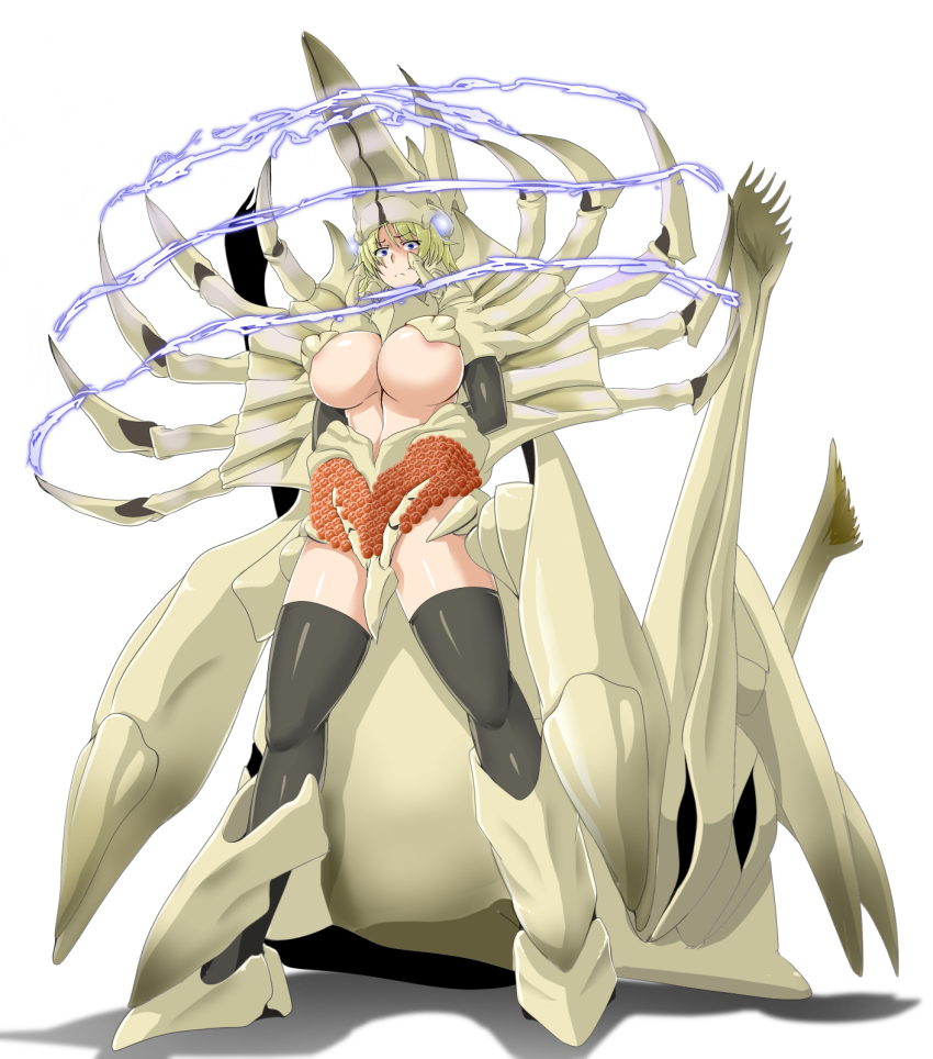 1girl adapted_costume alien areola_slip armor bikini_armor blank_stare blonde_hair blue_electricity blue_eyes breasts cosplay daiei_film egg egg_sac electricity energy energy_barrier energy_field gamera_(series) gamera_2:_attack_of_legion giant giant_monster glowing glowing_eyes highres kaiju large_breasts legion_(gamera) legion_(gamera)_(cosplay) looking_at_viewer looking_down monster monster_girl pasties personification revealing_clothes saizu_nitou_gunsou simple_background space_monster underboob white_background