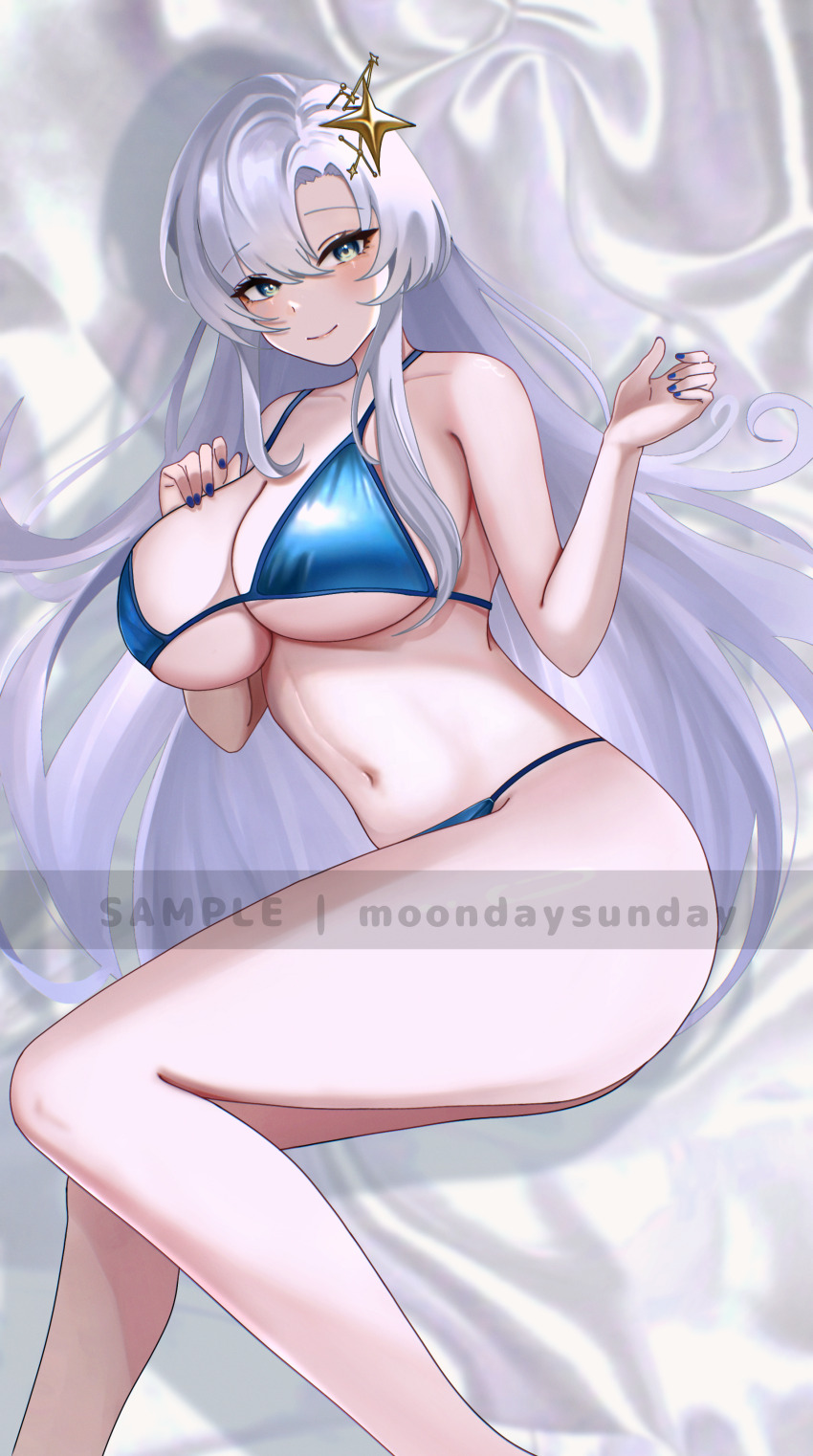 1girl absurdres bare_arms bare_legs bare_shoulders bed_sheet bikini blue_bikini blue_eyes breasts cleavage closed_mouth commission hair_ornament hands_up highres indie_virtual_youtuber large_breasts long_hair looking_at_viewer lying matchacha navel on_side parted_bangs smile solo star_(symbol) star_hair_ornament stomach string_bikini swimsuit thighs very_long_hair virtual_youtuber white_hair