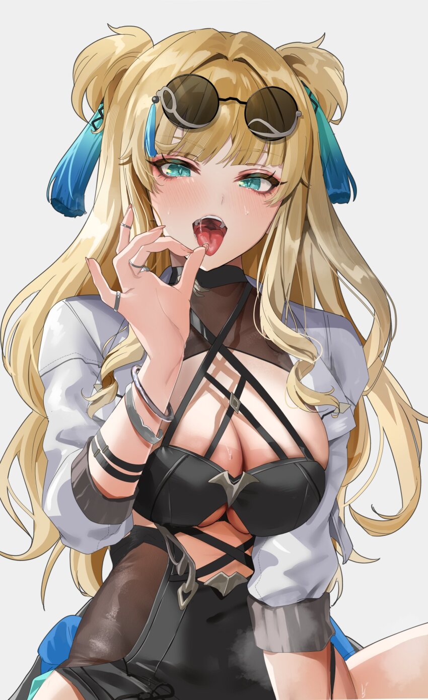 1girl absurdres anzu0130 black_leotard blonde_hair blue_eyes blush breasts cleavage commentary_request eyewear_on_head fellatio_gesture highres honkai_(series) honkai_impact_3rd jacket large_breasts leotard long_hair looking_at_viewer open_mouth revision round_eyewear solo songque songque_(astralop) sunglasses tassel tongue tongue_out two_side_up white_jacket