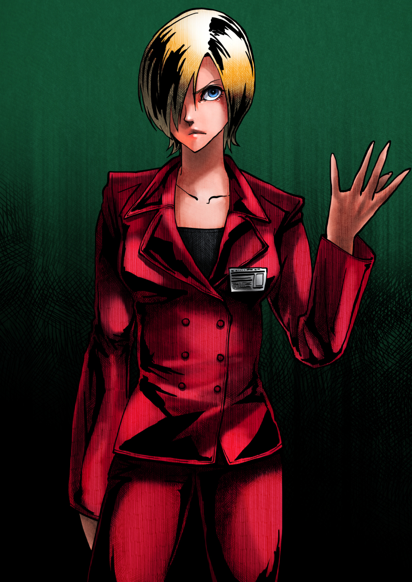 1girl absurdres alyssa_ashcroft blonde_hair blue_eyes cowboy_shot female_focus food_fighter_441 formal_clothes green_background hair_over_one_eye highres resident_evil resident_evil_outbreak short_hair solo suit
