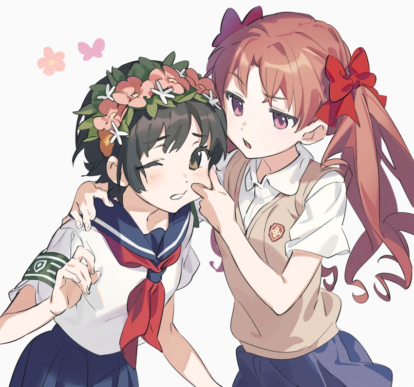 2girls black_hair blue_sailor_collar blue_skirt bow brown_eyes brown_hair brown_sweater_vest cheek_pinching collared_shirt commentary_request flower grey_skirt hair_bow hair_flower hair_ornament head_wreath highres labixiaohua long_hair multiple_girls neckerchief pinching pleated_skirt red_bow red_neckerchief sailor_collar sakugawa_school_uniform school_emblem school_uniform serafuku shirai_kuroko shirt short_hair short_sleeves simple_background skirt summer_uniform sweater_vest toaru_kagaku_no_railgun toaru_majutsu_no_index tokiwadai_school_uniform twintails uiharu_kazari v-neck white_shirt