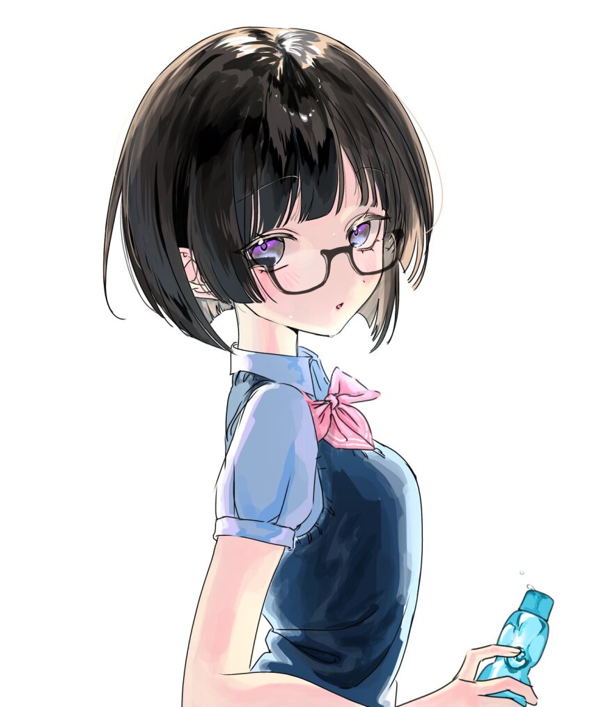 1girl black-framed_eyewear blue_eyes blue_sweater_vest blunt_bangs blunt_sidelocks blush bow bowtie collared_shirt drink expressionless glasses highres holding holding_drink looking_at_viewer looking_to_the_side nebelllll nijisanji open_mouth pink_bow pink_bowtie ramune school_uniform shirt short_hair sidelocks straight_hair sweater_vest tsukino_mito tsukino_mito_(3rd_costume) virtual_youtuber white_background white_shirt