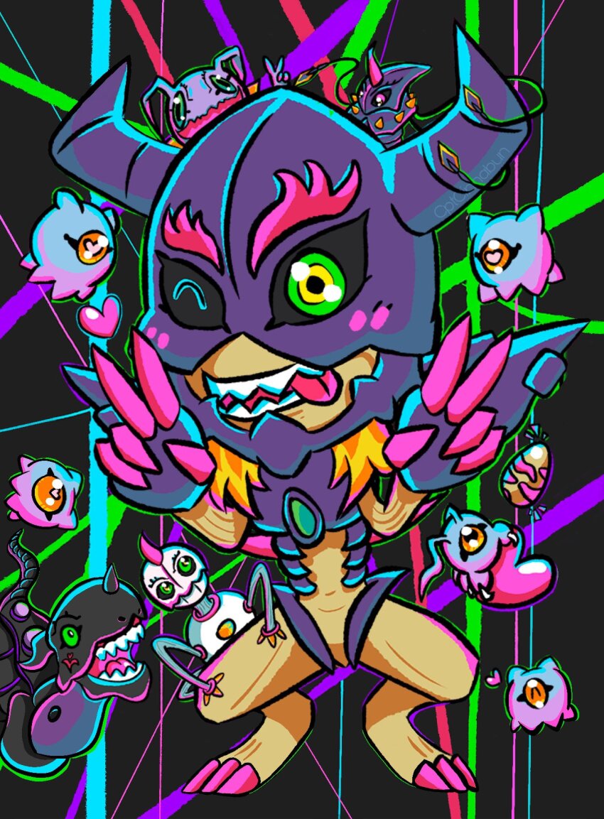 armagemon chrysalimon diablomon digimon digimon_(creature) double_v evolutionary_line green_eyes highres horns infermon keramon kuramon one_eye_closed open_mouth sharp_teeth tail teeth tsumemon v wink