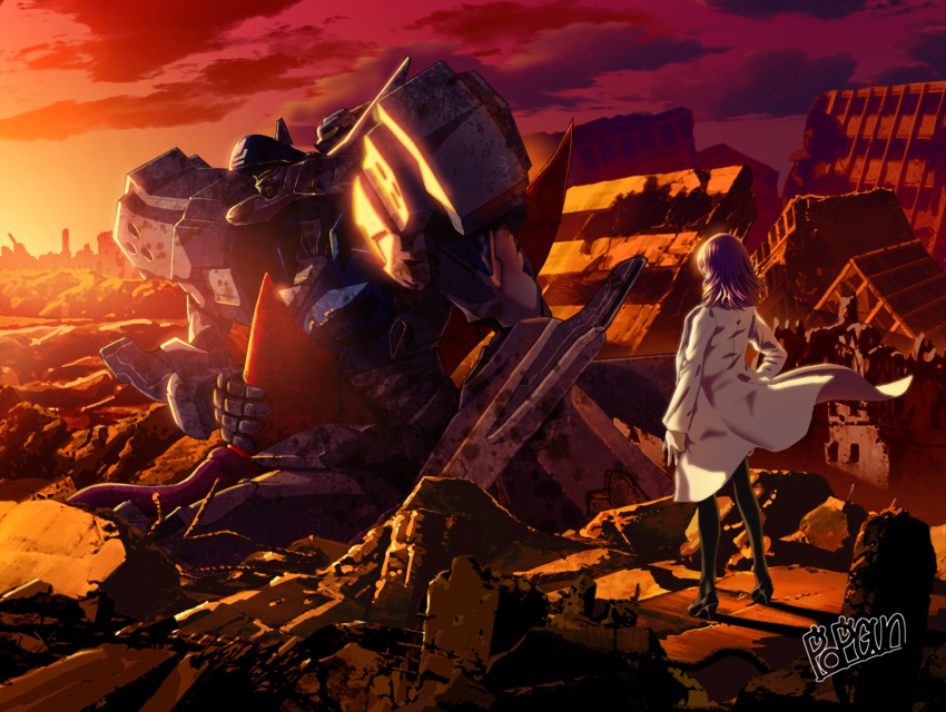 1girl black_footwear black_pantyhose commentary damaged hand_on_own_hip high_heels highres impaled kouzuki_yuuko lab_coat mecha medium_hair muv-luv muv-luv_alternative pantyhose popgun_(22882502) purple_hair robot ruins science_fiction tactical_surface_fighter type_94_shiranui visor