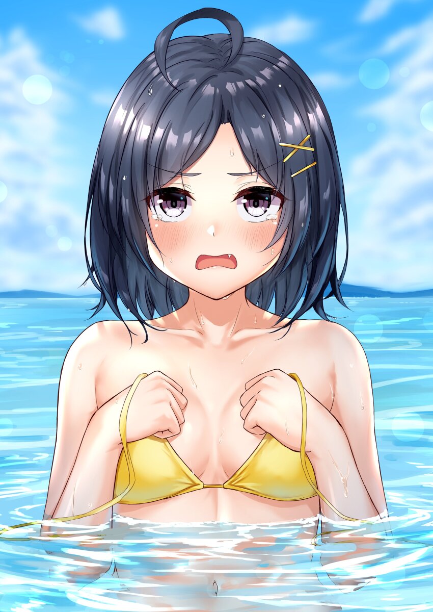 1girl absurdres ahoge bare_shoulders bikini bikini_day black_eyes black_hair blush breasts breasts_apart collarbone commentary_request day fang hair_ornament highres hikigaya_komachi horizon lens_flare looking_at_viewer medium_hair meri-san navel ocean open_clothes open_mouth outdoors partially_submerged sky small_breasts solo string_bikini swimsuit tearing_up untied_bikini untied_bikini_top upper_body water wet wet_hair x_hair_ornament yahari_ore_no_seishun_lovecome_wa_machigatteiru.