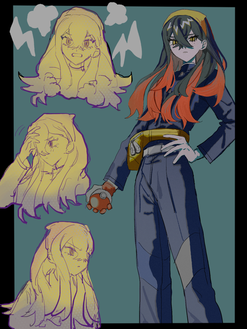 1girl black_hair blue_jacket blue_pants carmine_(pokemon) closed_mouth crossed_bangs eyelashes gloves hair_between_eyes hairband hand_on_own_hip highres holding holding_poke_ball jacket long_hair long_sleeves looking_at_viewer mole mole_under_eye multicolored_hair multiple_views nintendo pants partially_fingerless_gloves poke_ball poke_ball_(basic) pokemon pokemon_sv red_hair simple_background single_glove tami_tome_mo yellow_bag yellow_eyes yellow_hairband