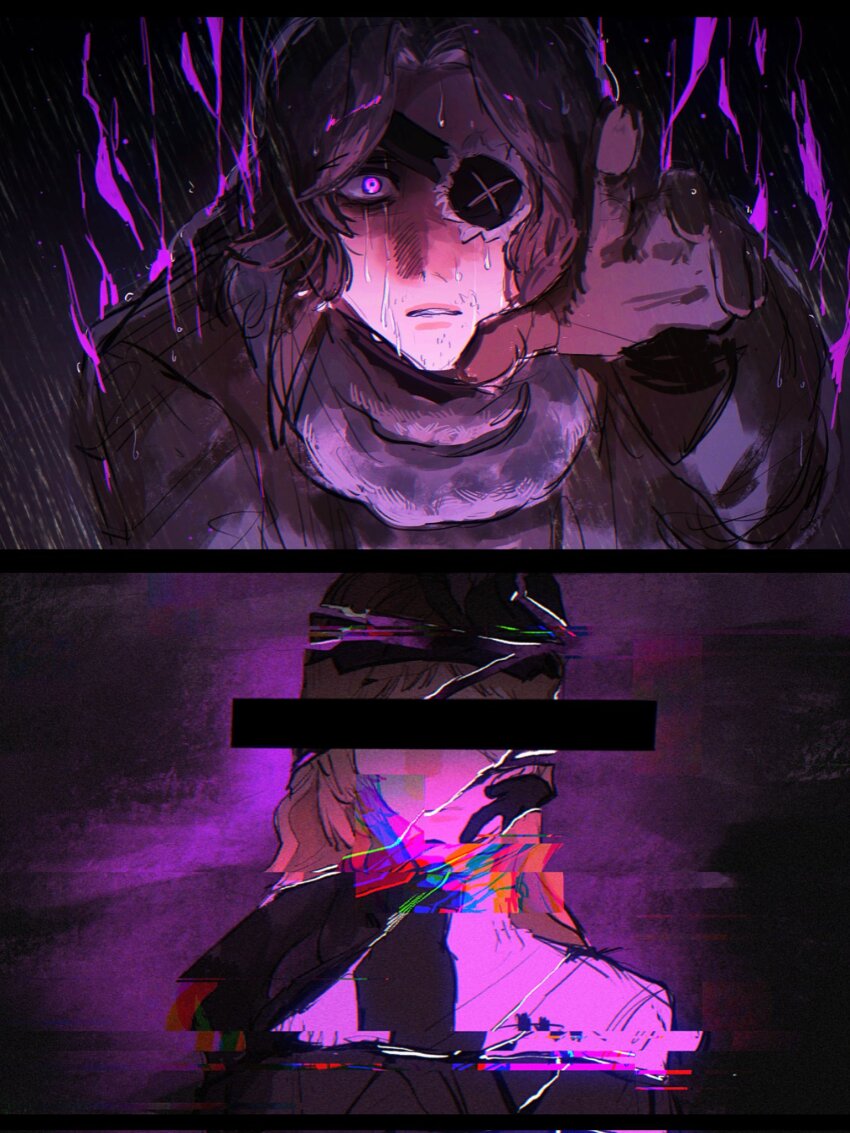 1boy 1girl brown_coat brown_hair catherine_(project_moon) censored censored_identity coat glitch heathcliff_(project_moon) highres limbus_company ling_zhiyun long_hair looking_at_viewer parted_bangs parted_lips project_moon rain reaching reaching_towards_another scarf thunder upper_body white_scarf wide-eyed wuthering_heights_(identity)_(project_moon)