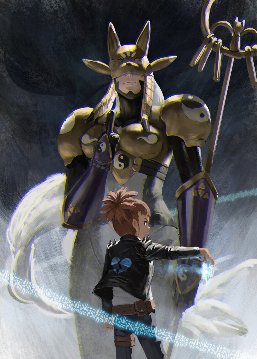 2girls absurdres armor belt belt_pouch black_bodysuit black_jacket bodysuit breasts broken_heart broken_heart_print brown_belt brown_hair child chromatic_aberration closed_mouth commentary_request covered_eyes d-ark denim digimon digimon_(creature) digimon_tamers digital_hazard digivice facial_mark fox_mask gloves grey_hair heart highres holding holding_staff jacket jeans long_hair looking_at_viewer makino_ruki mask mayozom medium_breasts multiple_girls orange_hair pants ponytail pouch purple_sleeves sakuyamon shirt shoulder_armor sidelocks size_difference staff standing very_long_hair white_shirt yellow_armor yellow_mask yin_yang yin_yang_print