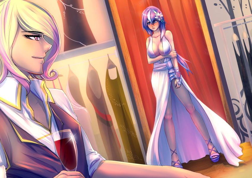 1boy 1girl alcohol bakki blonde_hair blush breast_hold breasts cleavage clothes_hanger couple cup drinking_glass flower genderswap genderswap_(ftm) genderswap_(mtf) hair_flower hair_ornament large_breasts multicolored_hair my_little_pony my_little_pony:_friendship_is_magic pink_eyes pink_hair princess_cadance purple_eyes purple_hair sandals shining_armor side_slit streaked_hair sweatdrop two-tone_hair vest white_hair wine wine_glass wristband