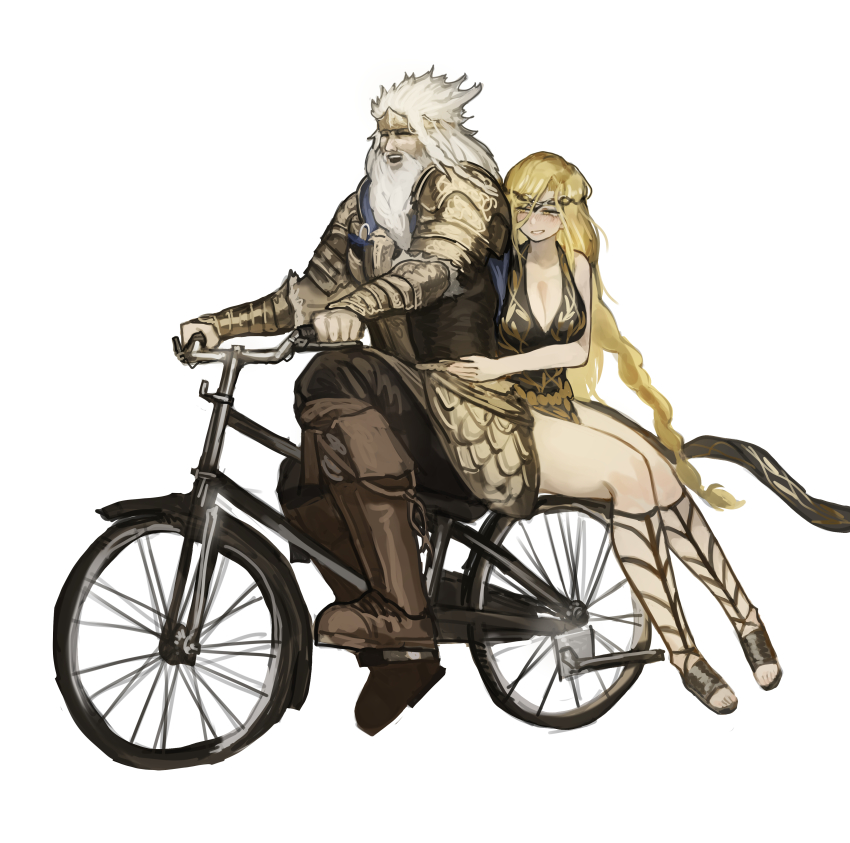 1boy 1girl absurdres armor beard bicycle blonde_hair boots braid breasts brown_boots circlet cleavage closed_eyes commentary_request elden_ring facial_hair gauntlets gladiator_sandals godfrey_first_elden_lord highres husband_and_wife large_breasts long_hair miao_jiangyou queen_marika_the_eternal riding riding_bicycle sandals side_braid simple_background smile very_long_hair white_background white_hair yellow_eyes