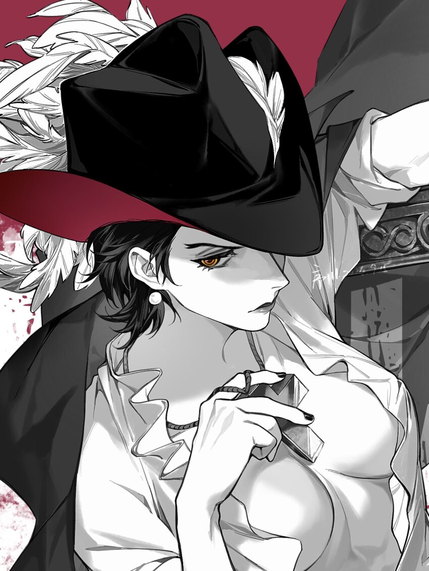 1girl black_nails breasts cleavage closed_mouth dracule_mihawk earrings frilled_shirt frills genderswap genderswap_(mtf) hat_feather hat_over_one_eye highres jewelry looking_at_viewer one_piece open_clothes open_shirt partially_colored ringed_eyes shirt short_hair simple_background solo upper_body xuchuan yellow_eyes