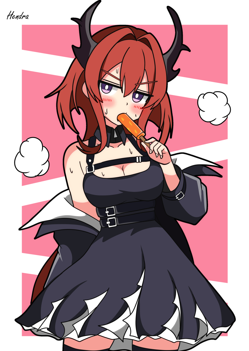 1girl absurdres arknights artist_name black_dress black_jacket breasts cleavage commentary_request demon_girl demon_horns dress food food_in_mouth hendra highres holding holding_food holding_popsicle horns jacket large_breasts long_sleeves looking_at_viewer off_shoulder popsicle popsicle_in_mouth purple_eyes red_background red_hair signature simple_background solo surtr_(arknights) thighhighs
