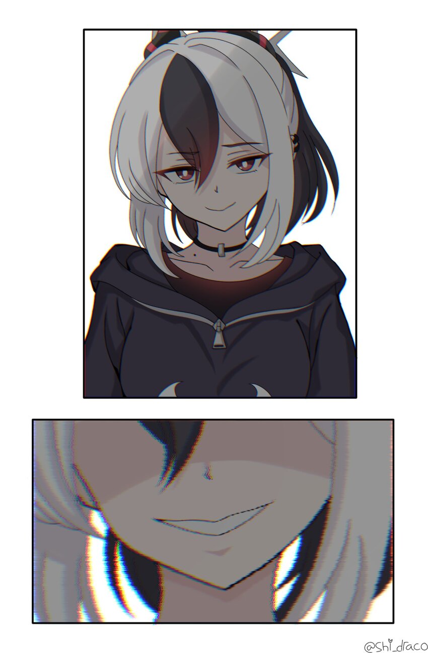 1girl black_choker black_hoodie black_horns blue_archive choker demon_horns ear_piercing grey_halo halo highres hood hoodie horns kayoko_(blue_archive) meme multicolored_hair piercing shi_draco solo suou_yuki tokidoki_bosotto_roshia-go_de_dereru_tonari_no_alya-san two-tone_hair white_hair