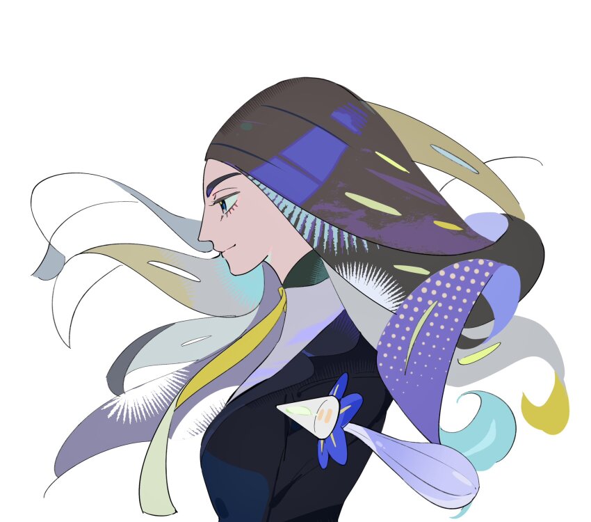1girl black_jacket blue_eyes closed_mouth commentary_request eyelashes floating_hair from_side game_freak geeta_(pokemon) geetasdog glimmet grey_shirt highres jacket looking_down neck_ribbon nintendo pokemon pokemon_(creature) pokemon_sv ribbon shirt simple_background white_background yellow_ribbon