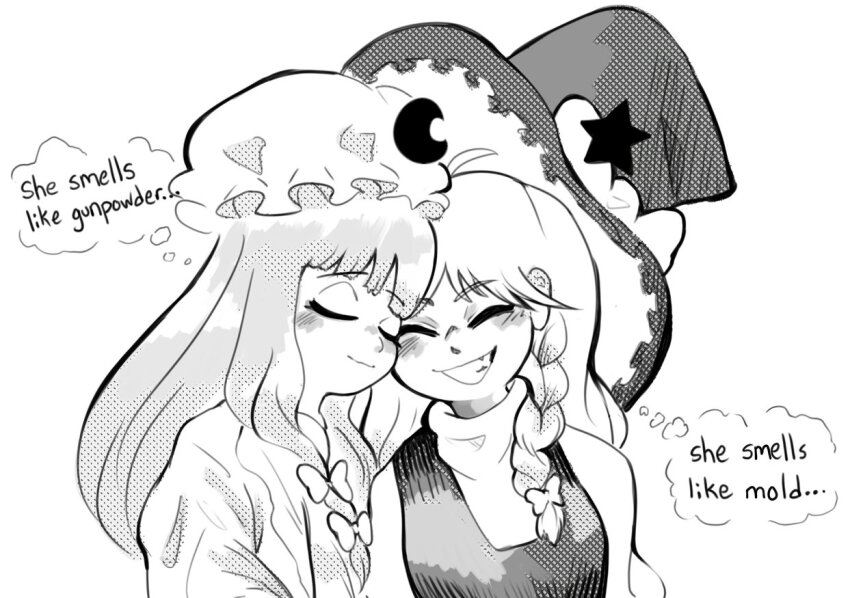 2girls blush bow braid clem_(calmeremerald) closed_eyes commentary english_text greyscale grin hair_bow hat heads_together high_collar kirisame_marisa mob_cap monochrome multiple_girls patchouli_knowledge side_braid smile touhou turtleneck upper_body witch_hat yuri