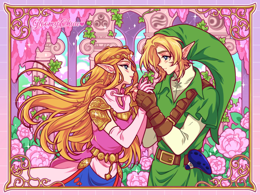 1boy 1girl armor artist_name belt blonde_hair blue_eyes blush brown_belt brown_gloves closed_mouth column day dress ear_piercing earrings from_side gloves green_hat green_tunic hands_up hat highres holding_hands instrument jewelry link lips long_hair looking_at_another mroczniak_(gloomy_chuu) nintendo ocarina outdoors parted_lips phrygian_cap piercing pillar pink_dress pointy_ears princess_zelda shoulder_armor smile the_legend_of_zelda the_legend_of_zelda:_ocarina_of_time triforce tunic very_long_hair