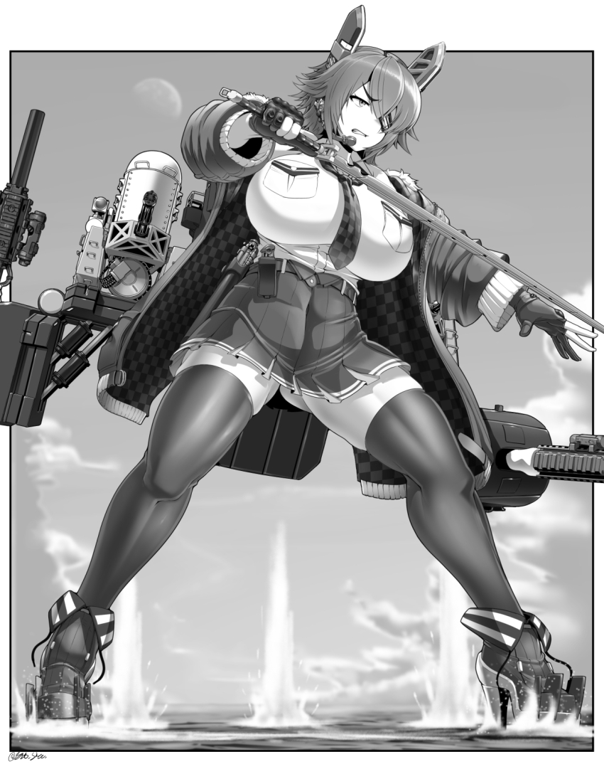 1girl anti-aircraft anti-aircraft_gun artillery autocannon battle blush breast_pocket breasts cannon checkered_clothes checkered_necktie close-in_weapon_system electronic_firearm eyepatch full_body fur-trimmed_jacket fur_trim gatling_gun gloves greyscale headgear high-waist_skirt highres jacket kantai_collection large_breasts m61_vulcan monochrome multiple-barrel_gun necktie partially_fingerless_gloves phalanx_ciws pocket rotary_cannon saizu_nitou_gunsou sentry_gun shirt short_hair skirt sleeveless sleeveless_shirt smokestack sword tenryuu_(kancolle) tenryuu_kai_ni_(kancolle) thighhighs weapon