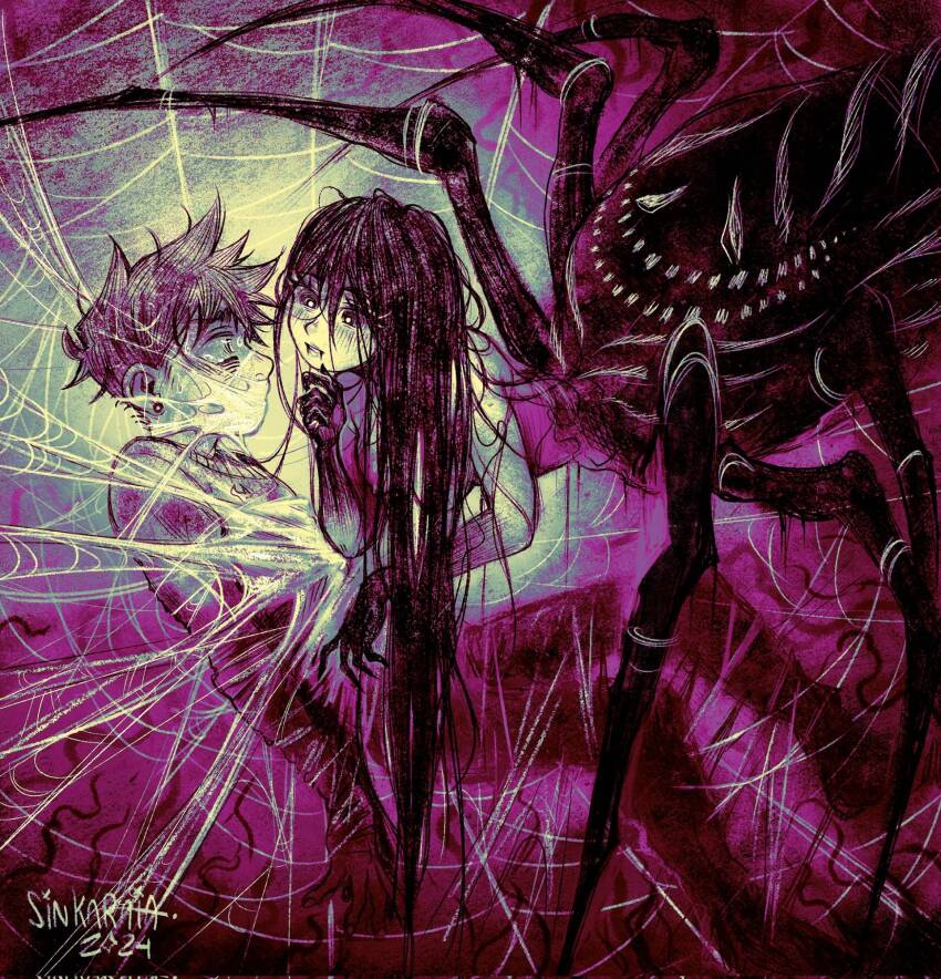 1boy 1girl alt_text arachne arthropod_girl breasts commentary covered_mouth english_commentary extra_arms hero_(omori) highres insect_girl limited_palette long_hair mari_(omori) medium_breasts messy_hair monster_girl nipples nude omori silk sintastein spider_girl spider_web taur
