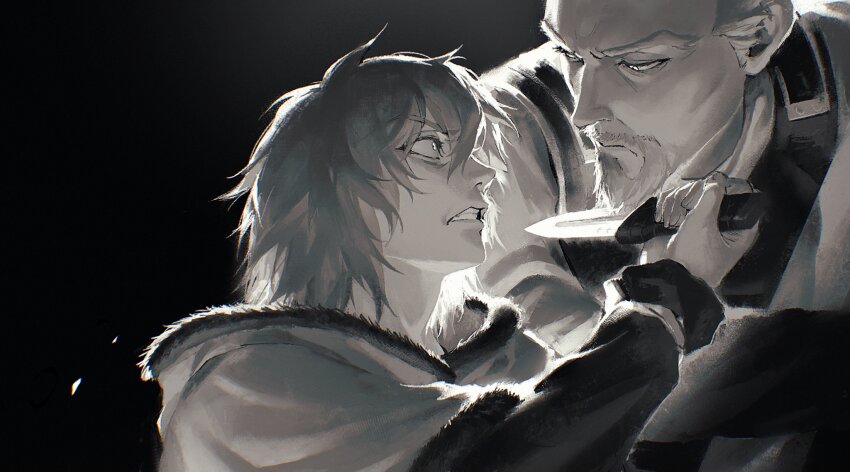 2boys askeladd black_background clenched_teeth closed_mouth commentary_request dagger facial_hair fur_trim goatee greyscale highres holding holding_dagger holding_knife holding_weapon kakuzta knife looking_at_another monochrome multiple_boys reverse_grip short_hair teeth thorfinn tunic viking vinland_saga weapon