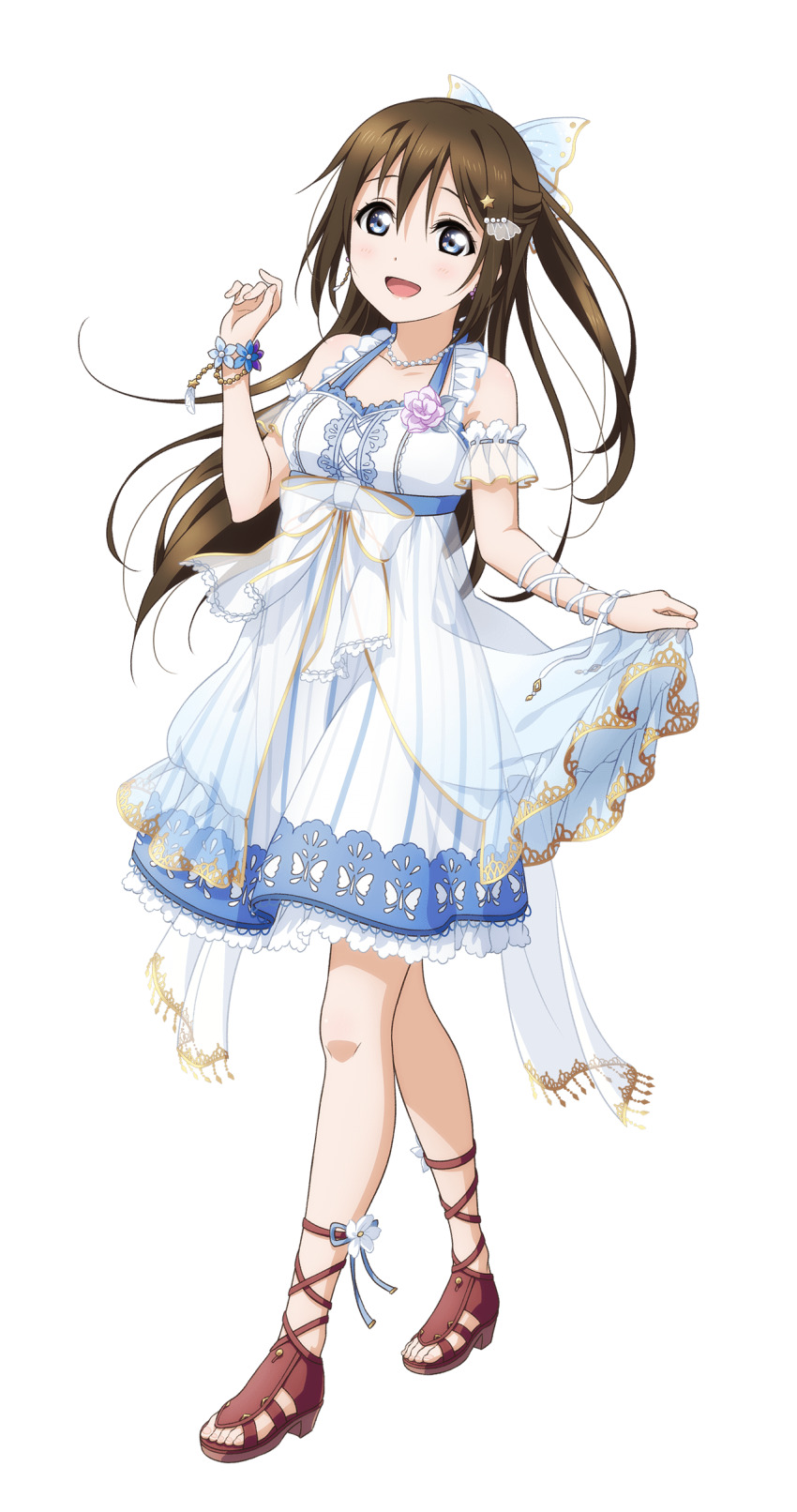 1girl :d absurdres anata_no_risou_no_heroine bare_shoulders bead_necklace beads blue_eyes blush boots bow breasts brown_boots brown_hair collarbone dress frilled_dress frills full_body hair_between_eyes hair_bow half_updo highres jewelry long_hair looking_at_viewer love_live! love_live!_nijigasaki_high_school_idol_club love_live!_school_idol_festival_all_stars medium_breasts medium_dress necklace official_alternate_costume official_art open-toe_boots open_mouth osaka_shizuku pinstripe_dress pinstripe_pattern see-through_dress_layer sidelocks simple_background sleeveless sleeveless_dress smile solo transparent_background walking white_dress