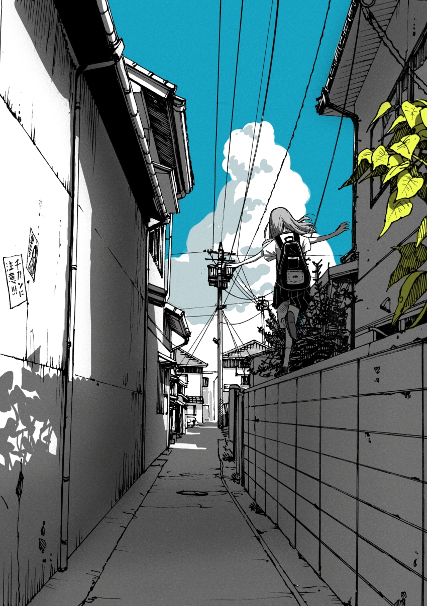1girl absurdres alley backpack bag balancing blue_sky building calf_socks cloud commentary_request day eaves facing_away from_behind gutter highres house leaf long_hair mixed_media omao on_wall original outdoors outstretched_arms partially_colored plant pleated_skirt poster_(object) power_lines scenery school_uniform shade short_sleeves skirt sky spread_arms traditional_media tree utility_pole walking wall wide_shot window