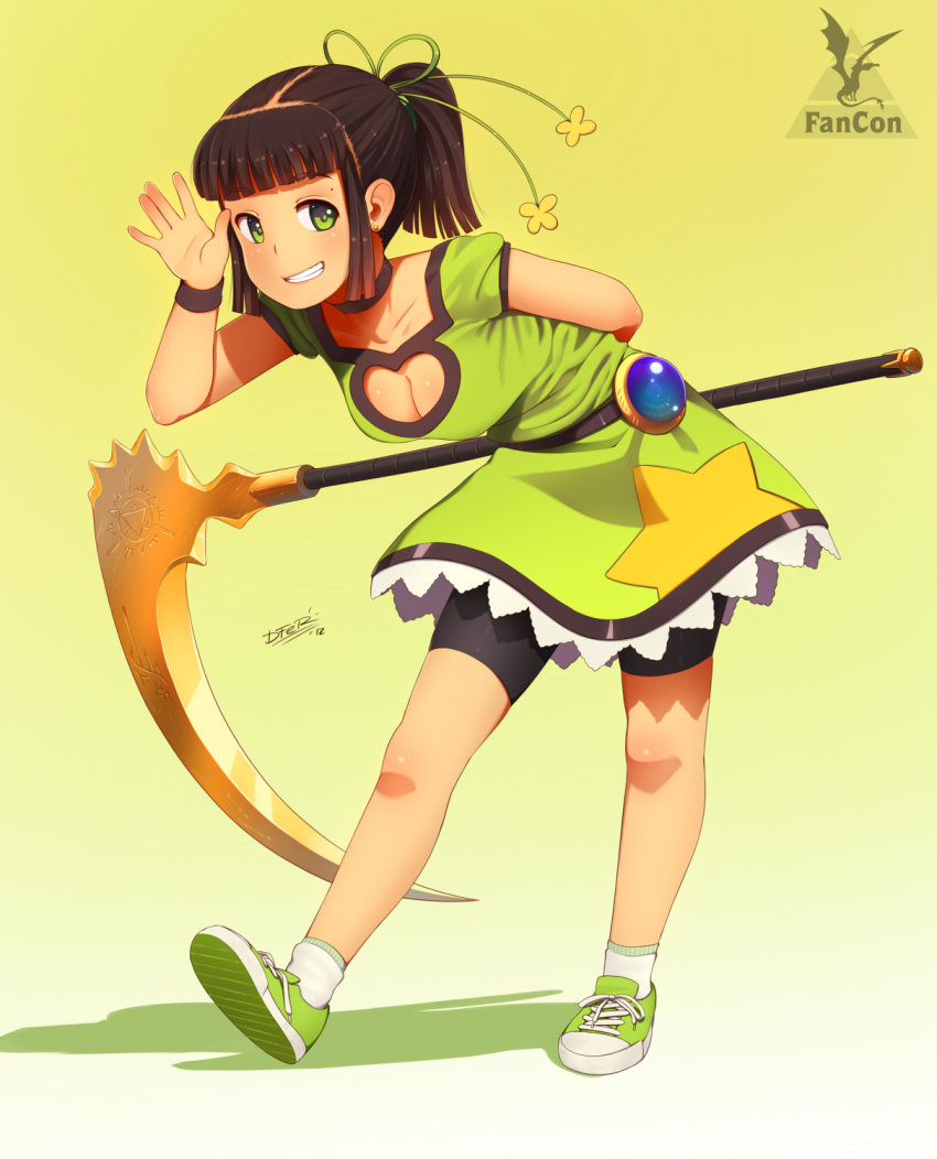 1girl bike_shorts black_hair cleavage_cutout clothing_cutout dress female_focus gradient_background green_eyes grin heart heart_cutout highres idfer long_hair looking_at_viewer original scythe side_ponytail smile solo star