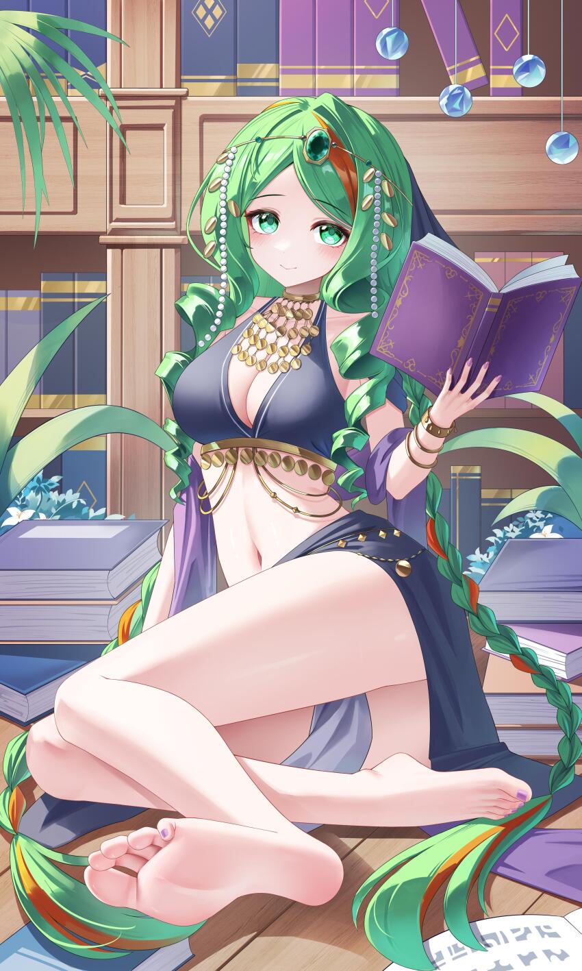 1girl absurdres arabian_clothes barefoot blush book braid drill_hair drill_sidelocks feet green_eyes green_hair highres jndfh light_smile long_hair looking_at_viewer multicolored_hair original sidelocks soles streaked_hair toes twin_braids
