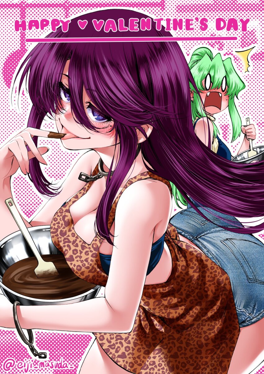 2girls animal_print apron arched_back artist_name ass bandeau blue_bandeau blue_shorts blush bowl breasts chocolate_making chocolate_on_hand cleavage closed_mouth collar denim denim_shorts dotted_background fangs floating_hair food_on_hand green_hair hair_between_eyes happy_valentine highres holding holding_bowl jitsu_wa_watashi_wa large_breasts leopard_print licking_own_finger long_hair looking_at_viewer masuda_eiji metal_collar mole mole_under_eye multiple_girls o_o official_art open_mouth ponytail print_apron purple_eyes purple_hair shiragami_youko shishido_shiho shorts smile solo_focus surprised tongue tongue_out twitter_username very_long_hair