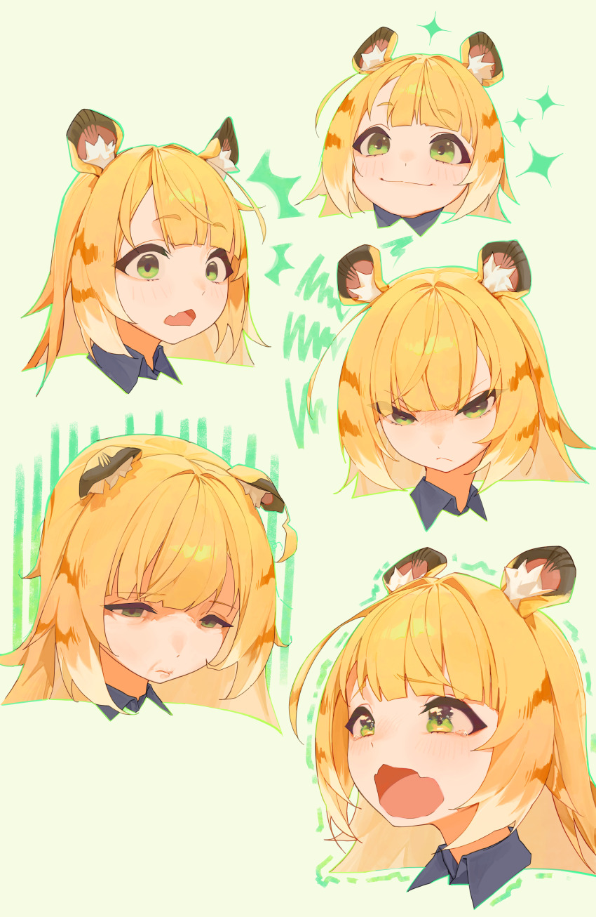 1girl absurdres animal_ear_fluff blonde_hair closed_mouth collared_shirt commentary fang green_eyes highres ikky ju_fufu long_hair multiple_expressions multiple_views open_mouth shirt skin_fang tiger_girl wavy_mouth zenless_zone_zero