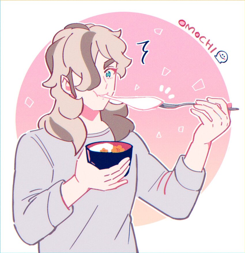 1boy arven_(pokemon) bowl brown_hair eating food green_eyes highres holding holding_bowl light_brown_hair long_hair mochi mochi_trail multicolored_hair nintendo oysmrm pokemon pokemon_sv solo two-tone_hair