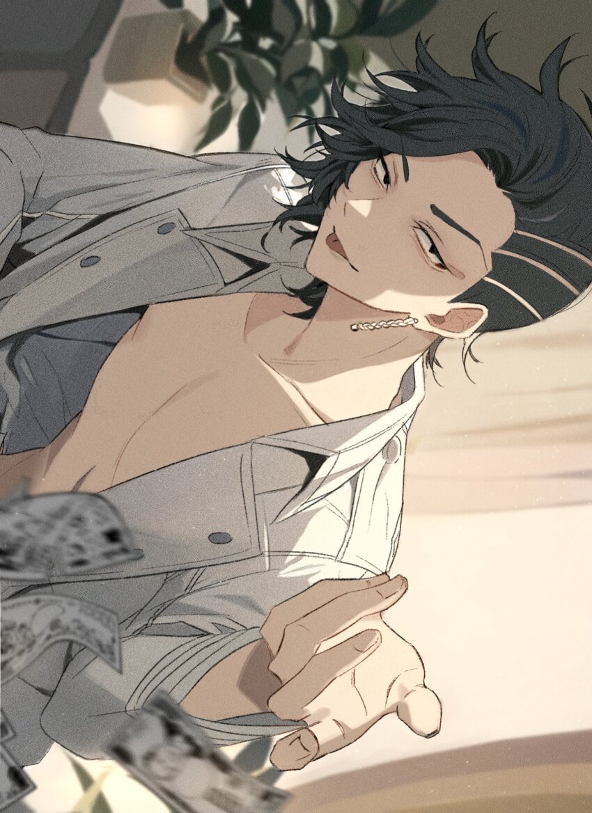 1boy :p asymmetrical_hair banknote black_eyes black_hair closed_mouth collarbone earrings hand_up highres indoors jacket jewelry kokonoi_hajime long_sleeves looking_at_viewer male_focus money open_clothes open_jacket short_hair sideways single_earring smile solo tokyo_revengers tongue tongue_out tottiriti tsurime upper_body white_jacket