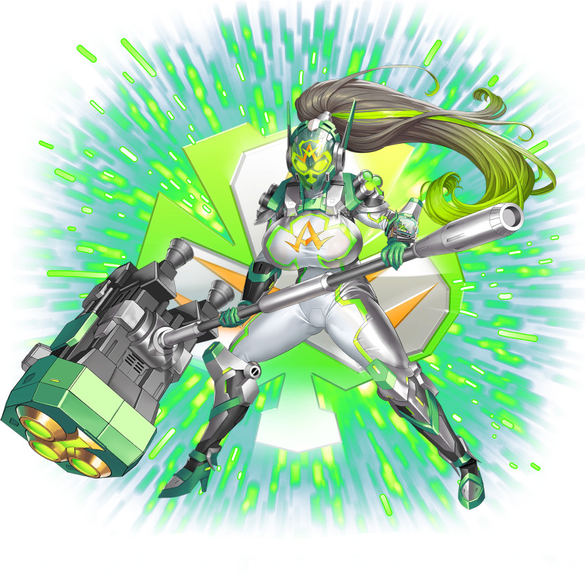 1girl arm_guards armor bodysuit boots breasts cameltoe clover clover_ace fighting_stance full_body game_cg gloves gluteal_fold green_background green_gloves green_hair grey_bodysuit grey_hair hair_ornament hammer helmet high_heel_boots high_heels highres holding holding_hammer holding_weapon huge_breasts huge_weapon large_breasts last_origin legs_apart long_hair looking_at_viewer mechanical_ears armored_boots monitor multicolored_hair obui official_art ponytail shoulder_armor solo streaked_hair transparent_background two-tone_hair weapon white_bodysuit