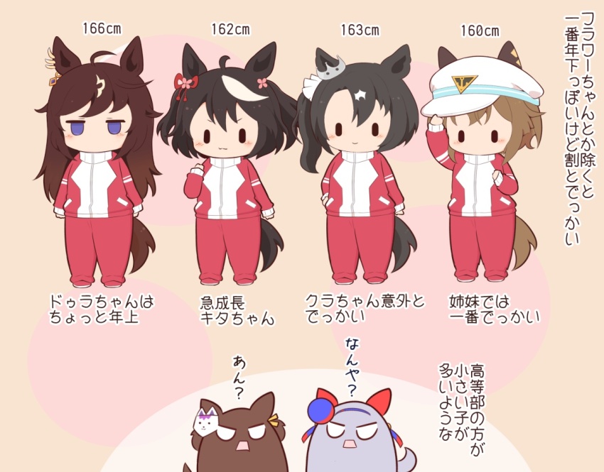 6+girls :d animal_ears arm_up black_hair blank_eyes blue_hairband blush_stickers brown_background brown_hair cheval_grand_(umamusume) chibi closed_mouth commentary duramente_(umamusume) fox_mask gomashio_(goma_feet) hairband hand_on_headwear hat height_conscious horse_ears horse_girl horse_tail inari_one_(umamusume) jacket kansaiben kitasan_black_(umamusume) long_hair mask mask_on_head multicolored_hair multiple_girls open_mouth pants peaked_cap red_footwear red_jacket red_pants satono_crown_(umamusume) shoes side_ponytail smile standing streaked_hair tail tamamo_cross_(umamusume) track_jacket track_pants track_suit translation_request twintails two_side_up umamusume v-shaped_eyebrows v-shaped_eyes very_long_hair white_hair white_hat |_|