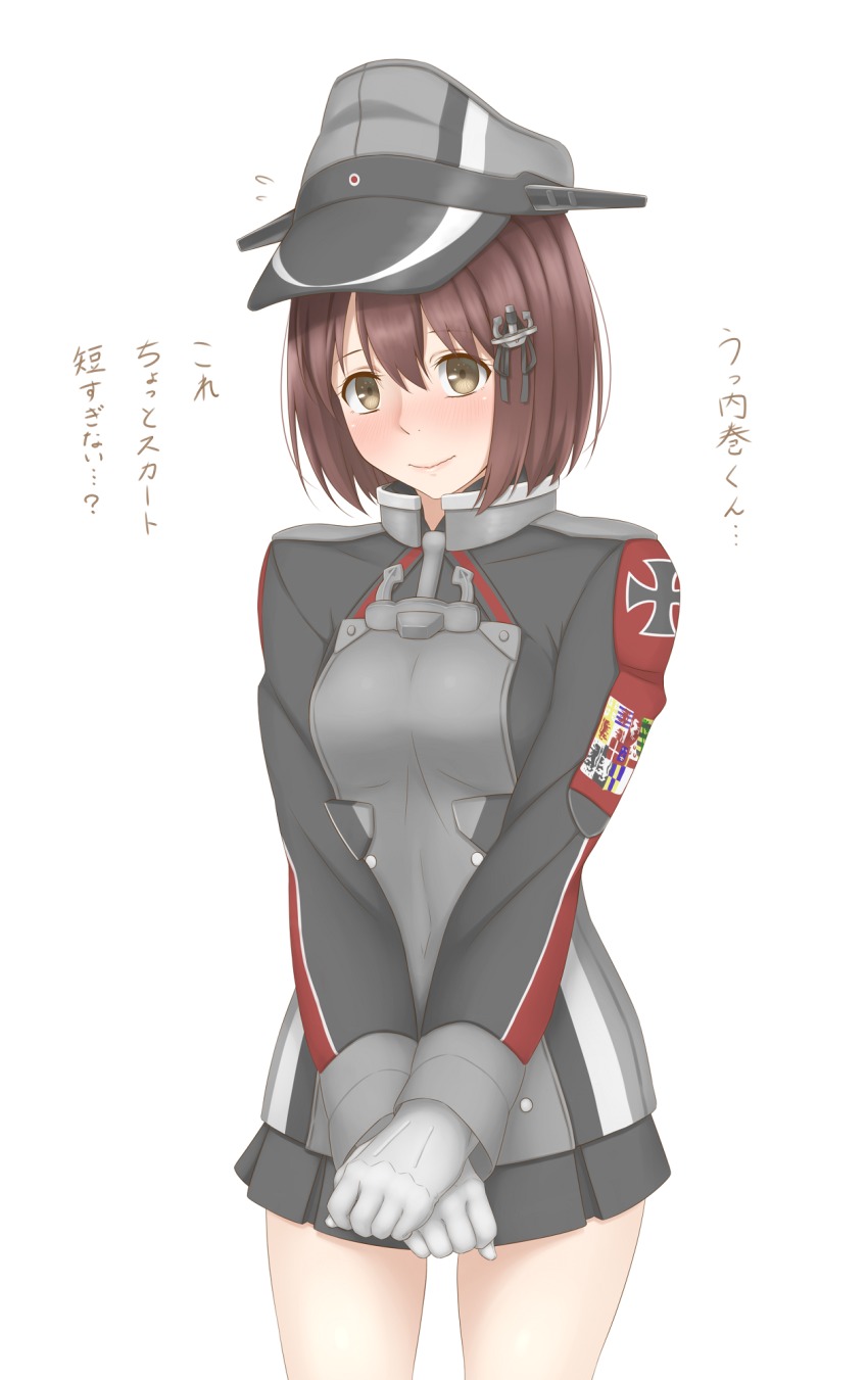 1girl anchor anchor_hair_ornament blazer blush breasts brown_eyes brown_hair buttons clenched_hands closed_mouth cosplay cowboy_shot cross double-breasted embarrassed female_focus flying_sweatdrops gloves hair_between_eyes hair_ornament hat high_collar highres iron_cross jacket kantai_collection kono_bijutsubu_niwa_mondai_ga_aru! kyounami light_smile long_sleeves looking_at_viewer medium_breasts military military_hat military_uniform miniskirt nose_blush own_hands_together ozawa_ari parted_bangs peaked_cap pleated_skirt prinz_eugen_(kancolle) prinz_eugen_(kancolle)_(cosplay) short_hair simple_background skirt sleeve_cuffs smile solo standing translated usami_mizuki v_arms voice_actor_connection wavy_mouth white_background white_gloves
