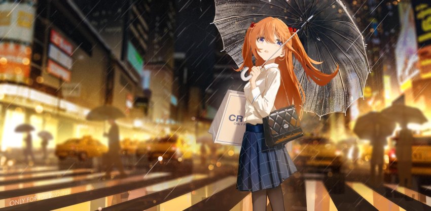 1girl bag black_pantyhose blue_eyes blue_skirt blurry blurry_background breasts cityscape collared_shirt cowboy_shot from_side hair_lift handbag highres holding holding_umbrella long_hair long_sleeves looking_at_viewer neon_genesis_evangelion new_year orange_hair pantyhose pleated_skirt rain shirt shopping_bag skirt solo souryuu_asuka_langley taxi times_square twintails umbrella water_drop white_shirt wind wind_lift ya_yan