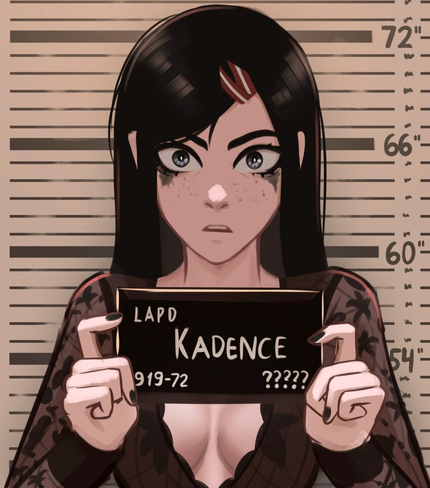 1girl barbie_mugshot_(meme) black_hair black_nails blue_eyes breasts character_name cleavage floral_print_shirt freckles hair_ornament hairclip height_chart height_mark highres holding holding_sign kadence_(veyonis) lace_shirt lace_trim long_hair looking_at_viewer makeup mascara medium_breasts meme mugshot nameplate nervous original plunging_neckline runny_makeup see-through_clothes sign straight_hair surprised upper_body veyonis wide-eyed
