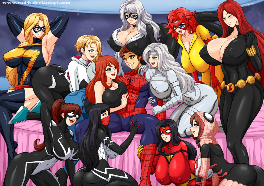 1boy 6+girls animal_print animification anya_corazon aqua_bodysuit asymmetrical_hair avengers_(series) black_bodysuit black_cat_(marvel) black_gloves black_hair black_mask black_widow blonde_hair blue_bodysuit blue_eyes blush bodysuit boots breasts brown_eyes brown_hair carol_danvers choker cindy_moon cleavage covered_erect_nipples covered_navel deadpool_(series) domino_mask elbow_gloves eye_mask eyebrow_piercing face_piercing felicia_hardy firestar_(marvel) fur-trimmed_bodysuit fur_trim gloves green_eyes gwen_stacy harem hida_haruka hood hood_down hooded_bodysuit huge_breasts impossible_clothes impossible_leotard jessica_drew large_breasts latex latex_bodysuit leotard long_hair long_sleeves marvel mary_jane_watson mask medium_breasts mouth_mask ms._marvel ms._marvel_(series) multicolored_bodysuit multiple_girls natasha_romanoff pants peter_parker piercing pink_bodysuit ponytail print_bodysuit red_bodysuit red_hair red_mask rud-k sakura_spider sash short_hair sidecut silk silk_(marvel) silver_sable silver_sablinova skin_tight smile spider-girl spider-gwen spider-man spider-man_(series) spider-verse spider-verse_(comics) spider-woman spider_print spider_web_print superhero_costume thighhighs two-tone_bodysuit undercut waist_sash white_bodysuit white_hair yellow_bodysuit yellow_gloves