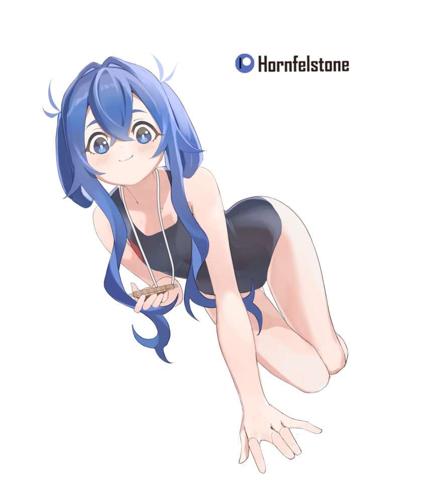 1girl all_fours artist_name bare_arms bare_legs bare_shoulders black_one-piece_swimsuit blue_eyes blue_hair breasts cellphone commentary english_commentary folded_twintails hair_intakes hair_rings highres holding holding_phone hornfelstone kimi_no_koto_ga_dai_dai_dai_dai_daisuki_na_100-nin_no_kanojo light_blush long_hair looking_at_viewer one-piece_swimsuit patreon_logo phone sidelocks simple_background small_breasts smartphone smile solo swimsuit thigh_gap white_background yoshimoto_shizuka
