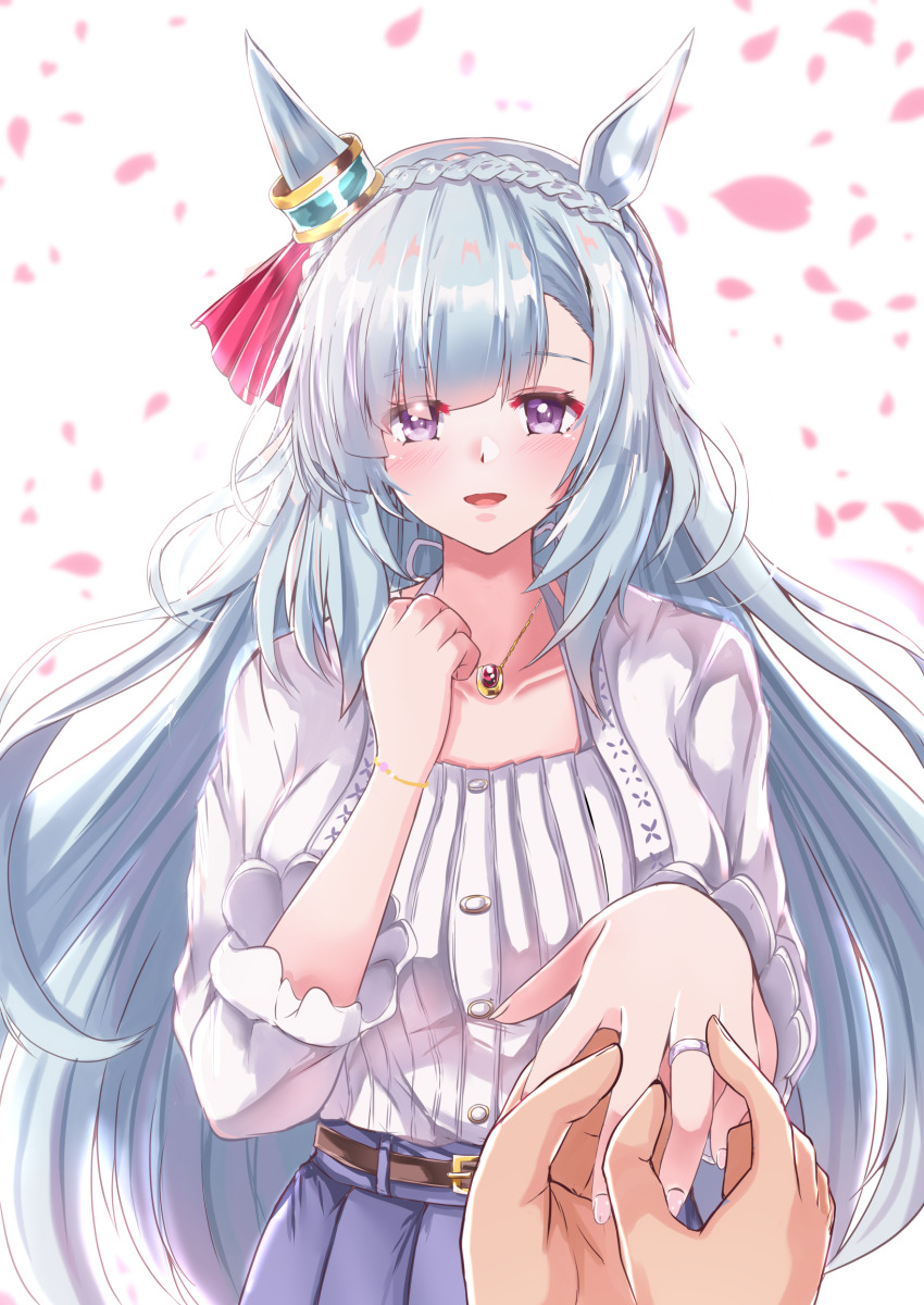 1girl absurdres animal_ears belt blue_hair blush braid casual clenched_hand collarbone crown_braid highres horse_ears horse_girl jewelry kentan_(kingtaiki) looking_at_viewer mejiro_ardan_(umamusume) petals pov pov_hands purple_eyes ring umamusume wedding_ring white_background