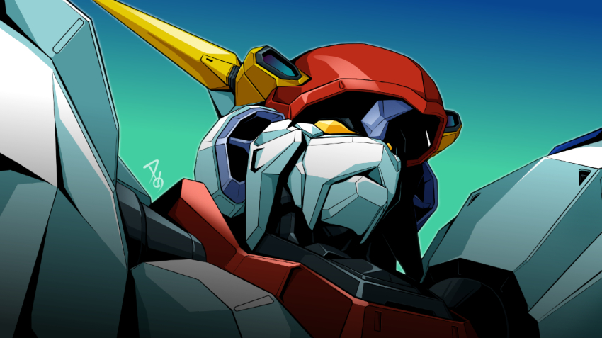 d-1 gradient_background green_background head_tilt kikou_senki_dragonar looking_up matayoshi_(nopple_1000) mecha no_humans portrait robot science_fiction solo yellow_eyes