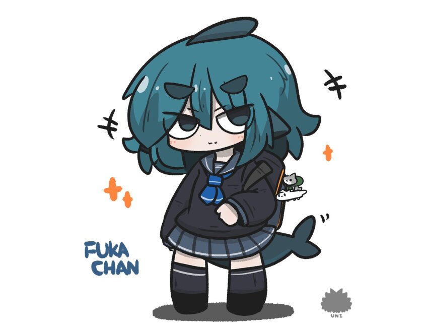 +++ 1girl bag bag_charm black_shirt black_shoes blue_eyes blue_hair blush character_name charm_(object) chibi closed_mouth commentary_request fins fish_tail fuka-chan full_body grey_sailor_collar grey_skirt grey_socks hair_between_eyes highres long_sleeves looking_at_viewer original pleated_skirt sailor_collar sea_urchin shadow shark_tail shirt shoes short_eyebrows simple_background skirt socks solo sparkle standing tail thick_eyebrows uni_souchou v-shaped_eyebrows white_background