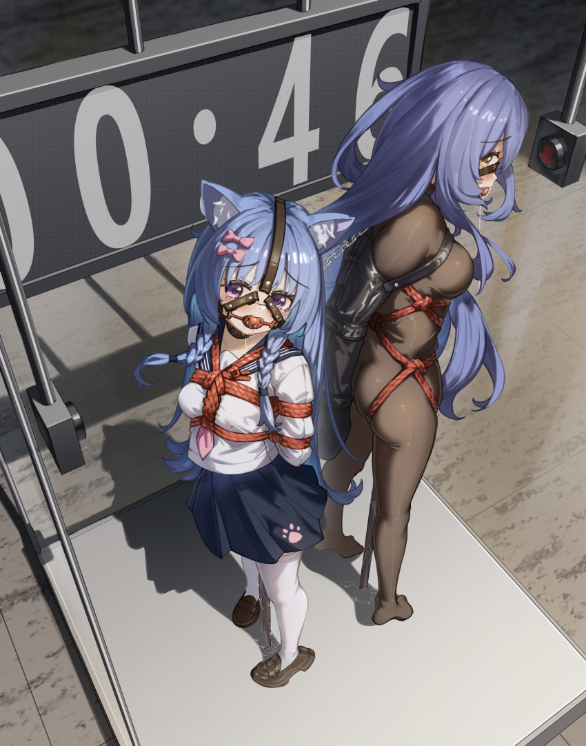 2girls absurdres animal_ear_fluff animal_ears arm_binder armbinder arms_behind_back ass ball_gag bdsm blue_hair bodysuit bondage bound braided_twintails breasts collar collared_shirt commentary_request drooling gag gag_harness gagged highres jin_se_zhu_yang_guang large_breasts latex latex_bodysuit loafers long_hair looking_at_viewer multiple_girls necktie one_bar_prison original pink_necktie pleated_skirt purple_eyes purple_hair pussy_juice restrained sailor_collar shibari shibari_over_clothes shirt shoes skirt slave small_breasts standing stationary_restraints thighhighs very_long_hair white_shirt white_thighhighs zettai_ryouiki