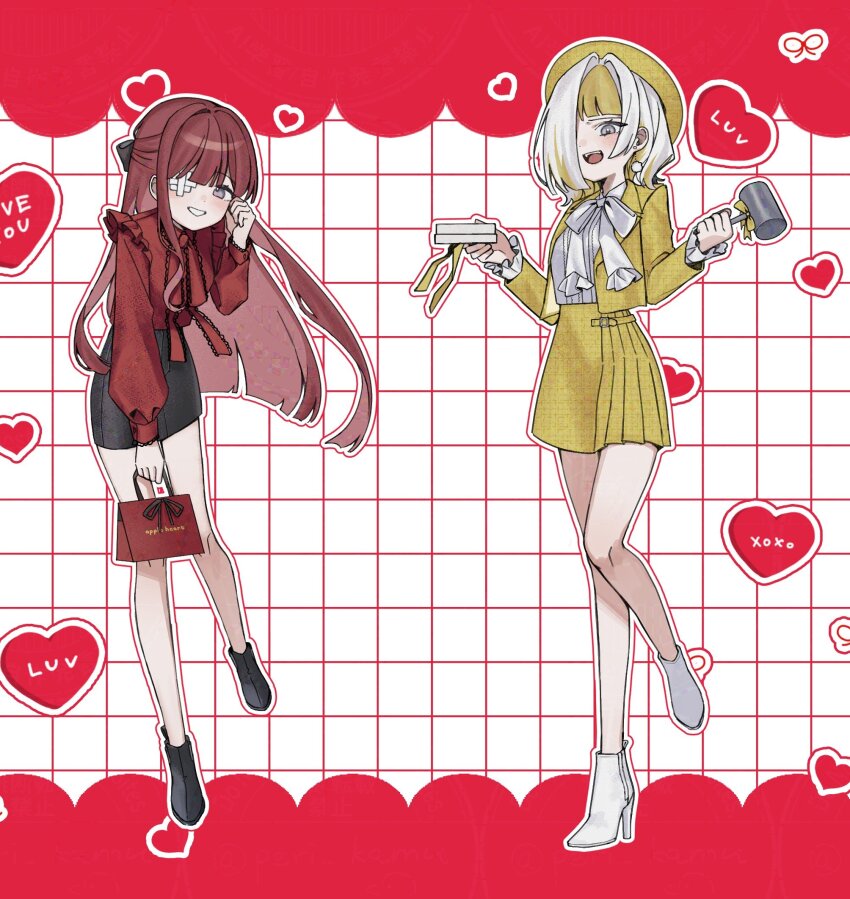 2girls :d alternate_costume ankle_boots bag bandage_over_one_eye beret black_boots black_bow black_skirt blonde_hair boots bow earrings full_body grey_eyes grid_background grin hair_bow hair_over_one_eye hat high_heel_boots high_heels highres hiperika holding holding_bag jacket jewelry kromer_(project_moon) leg_up limbus_company long_hair medium_hair multicolored_hair multiple_girls open_mouth pencil_skirt project_moon red_background red_hair red_shirt shirt skirt smile two-tone_background two-tone_hair white_background white_boots white_hair white_shirt yellow_hat yellow_jacket yellow_skirt yuri_(project_moon)