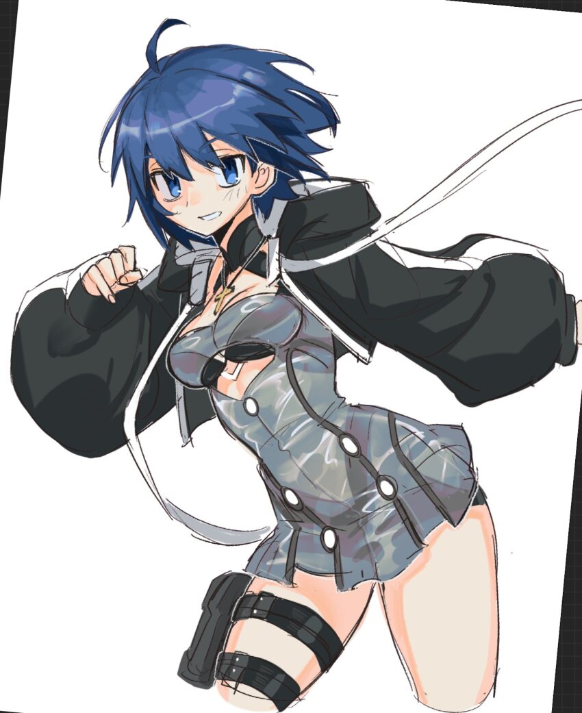 1girl ahoge bikini bikini_under_clothes black_bikini black_jacket blue_eyes blue_hair breasts c.i.e.l_(fate) c.i.e.l_(first_ascension)_(fate) ciel_(tsukihime) cropped_jacket cross cross_necklace dress_swimsuit fate/grand_order fate_(series) grey_one-piece_swimsuit grin highres jacket jewelry long_sleeves looking_at_viewer medium_breasts necklace one-piece_swimsuit pouch short_hair smile solo swimsuit takustorage thigh_strap thighs