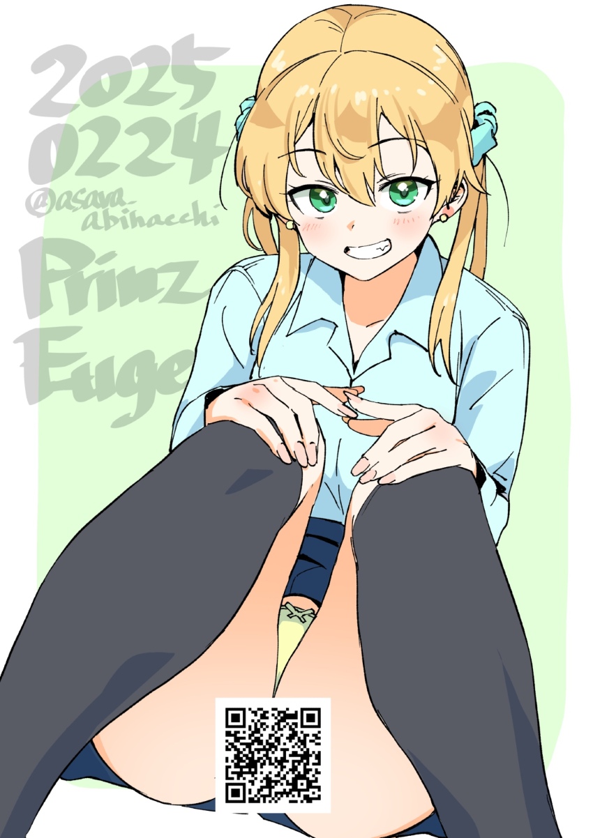 1girl alternate_costume asava_(hutaitenn) black_thighhighs blonde_hair blue_shirt character_name collared_shirt dated dress_shirt feet_out_of_frame green_background grin highres kantai_collection long_hair low_twintails panties prinz_eugen_(kancolle) qr_code school_uniform shirt smile solo spread_legs thighhighs twintails two-tone_background underwear white_panties