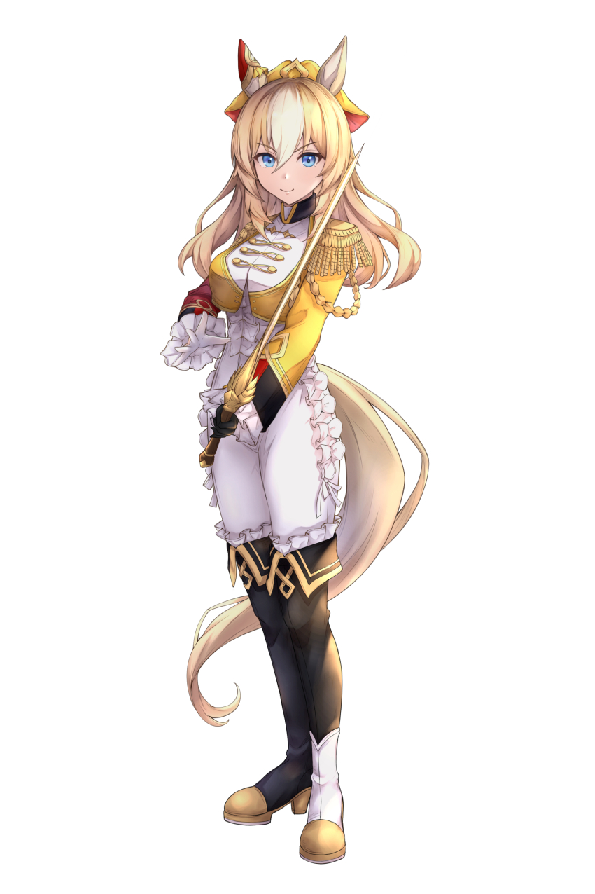 1girl absurdres animal_ears black_boots blonde_hair blue_eyes bodysuit boots commentary_request durandal_(umamusume) ear_covers epaulettes frilled_bodysuit full_body hair_between_eyes highres horse_ears horse_girl horse_tail long_hair looking_at_viewer multicolored_hair peperoncino-sama signature simple_background single_ear_cover solo tail two-tone_hair umamusume white_background white_bodysuit white_hair