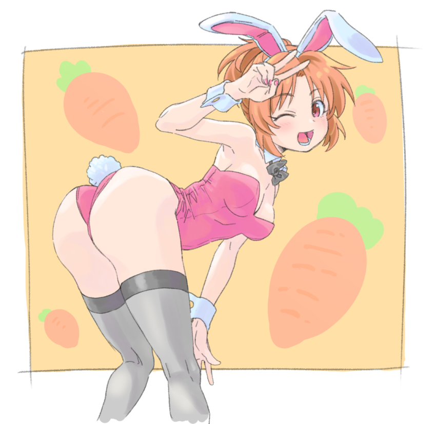 1girl ;d abe_nana animal_ears ass bow bowtie breasts detached_collar fake_animal_ears fake_tail from_behind gengoro idolmaster idolmaster_cinderella_girls leotard looking_at_viewer medium_breasts nail_polish one_eye_closed open_mouth orange_hair pink_leotard pink_nails playboy_bunny ponytail rabbit_ears rabbit_tail red_eyes smile solo strapless strapless_leotard tail thighhighs v wrist_cuffs