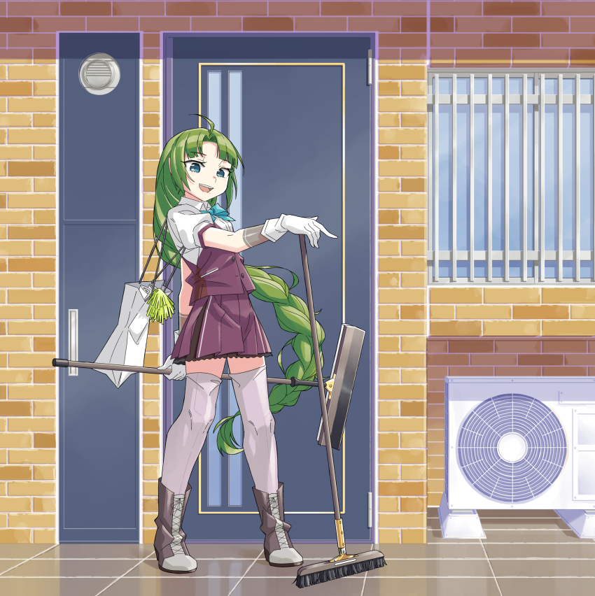 1girl absurdres ahoge aqua_bow aqua_bowtie blue_eyes bow bowtie braid broom full_body gloves green_hair grey_thighhighs highres holding holding_broom kantai_collection kazh_(kazu) long_hair miniskirt mole mole_under_mouth pleated_skirt purple_skirt purple_vest school_uniform shirt short_sleeves single_braid skirt solo standing thighhighs very_long_hair vest white_gloves white_shirt yuugumo_(kancolle) yuugumo_kai_ni_(kancolle)