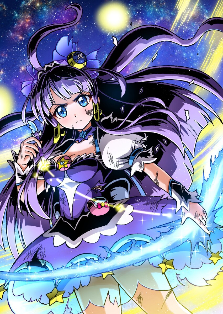 1girl blue_eyes bow_(weapon) breasts cleavage crescent crescent_earrings cure_selene damaged dress earrings hair_ornament heart_pouch highres jewelry kaguya_madoka long_hair looking_at_viewer magical_girl medium_breasts precure purple_dress purple_hair short_sleeves smile star_color_pen star_twinkle_precure wakabayashi_makoto weapon
